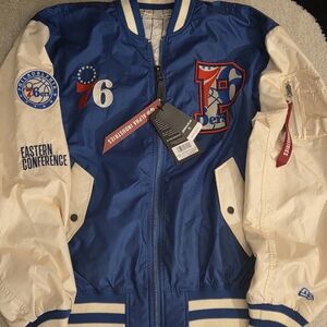 ALPHA INDUSYRIES AND NEW ERA PHILA 76ERS REVERSIBLE BOMBER JACKET